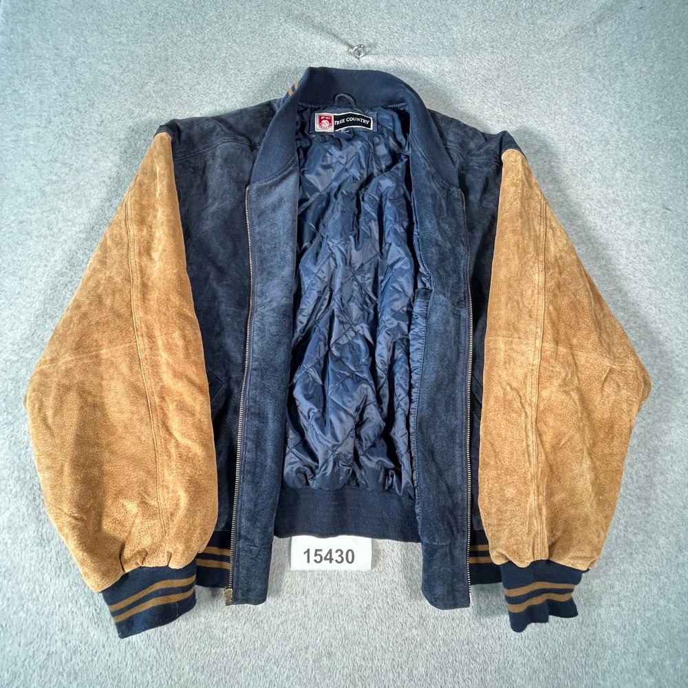 Free Country Bomber Jacket Mens 2XL Blue Tan Excellent Suede Varsity Zip Up